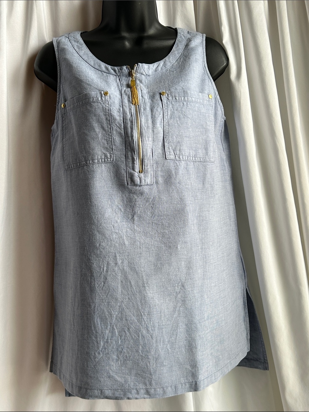 Ellen Tracy Light Blue Sleeveless Zip-Front Linen-Blend Tank